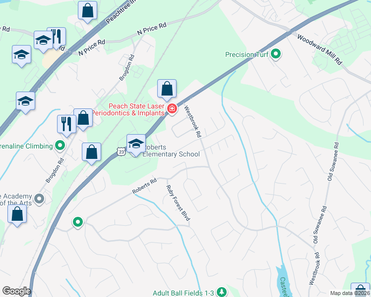 map of restaurants, bars, coffee shops, grocery stores, and more near 371 Creek Manor Way in Suwanee