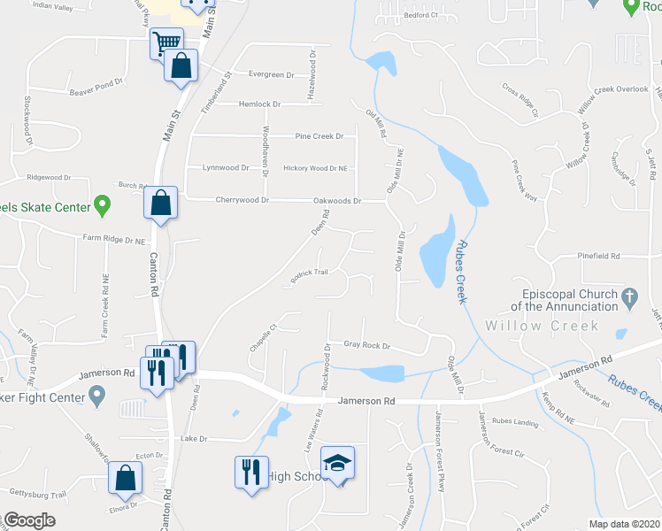 map of restaurants, bars, coffee shops, grocery stores, and more near 5051 Rodrick Trail in Marietta