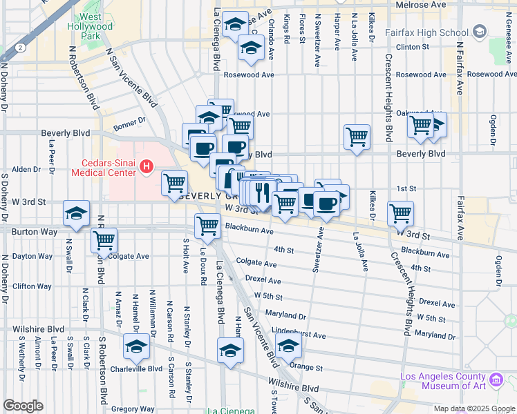 map of restaurants, bars, coffee shops, grocery stores, and more near 8425 West 3rd Street in Los Angeles