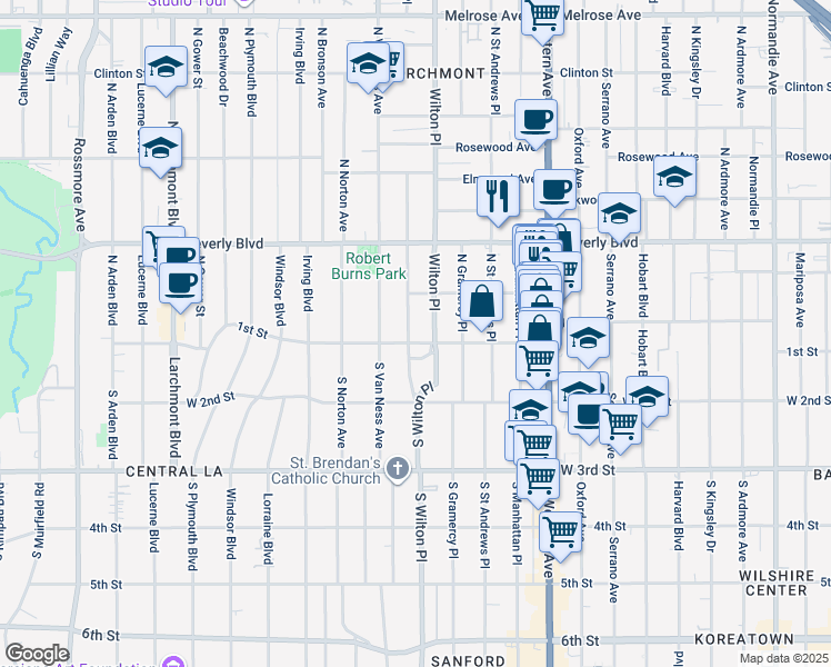 map of restaurants, bars, coffee shops, grocery stores, and more near 106 North Ridgewood Place in Los Angeles