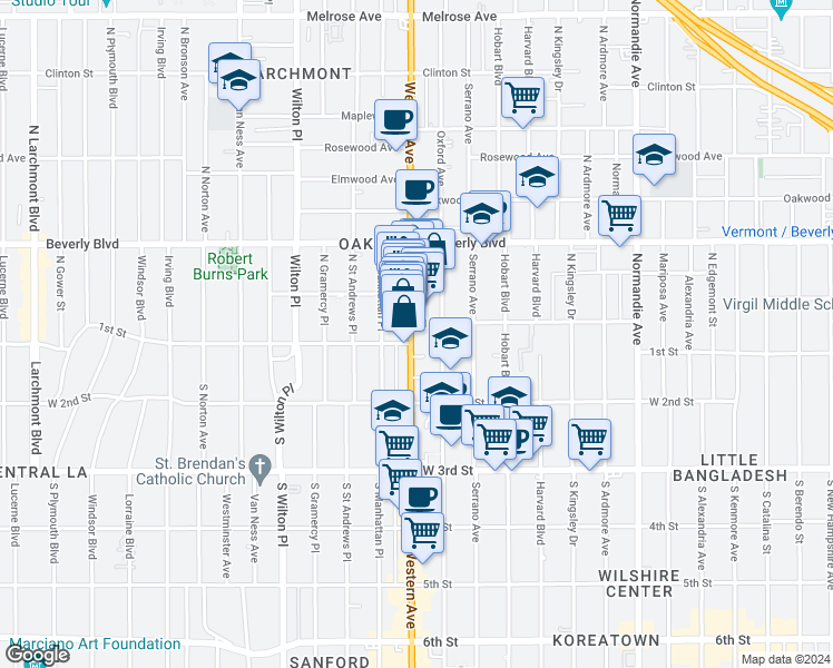 map of restaurants, bars, coffee shops, grocery stores, and more near 106 South Western Avenue in Los Angeles