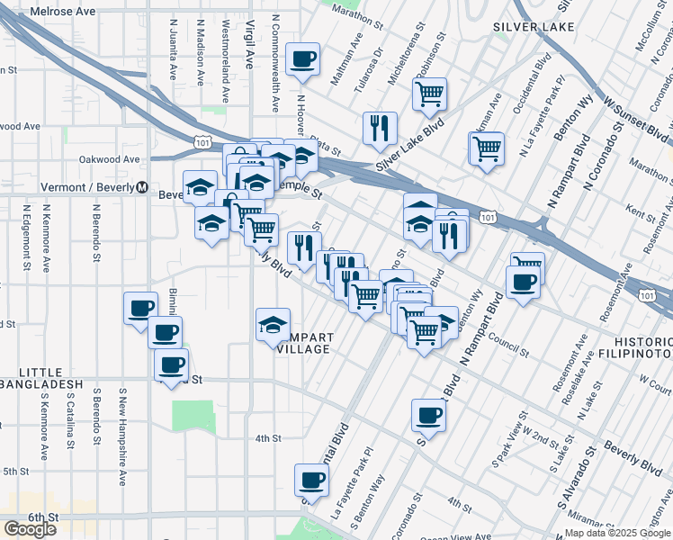 map of restaurants, bars, coffee shops, grocery stores, and more near 137 North Dillon Street in Los Angeles