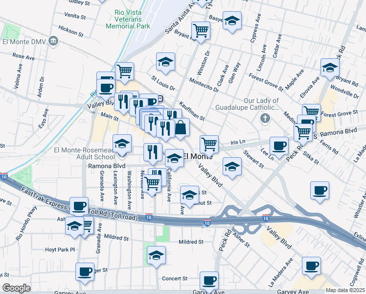 map of restaurants, bars, coffee shops, grocery stores, and more near 11151 Valley Boulevard in El Monte