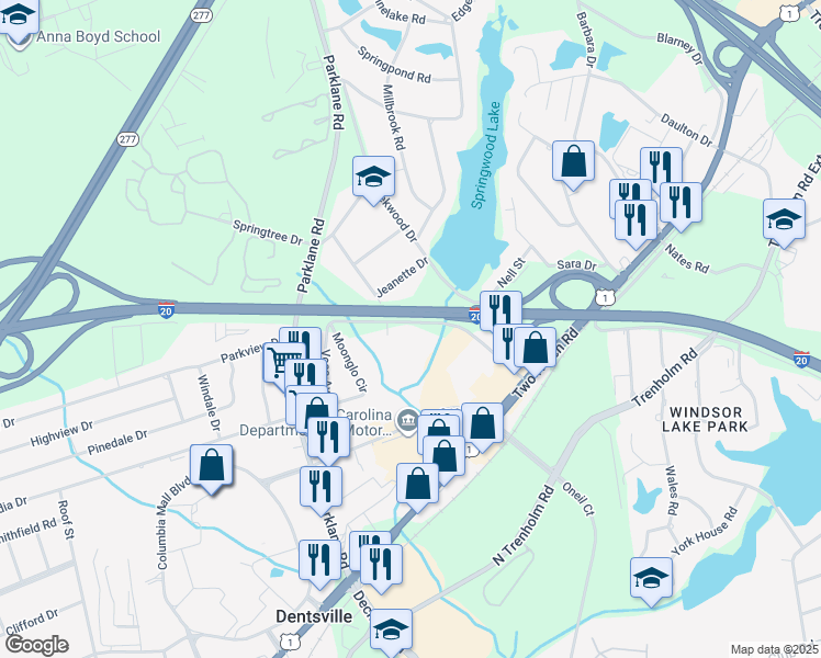 map of restaurants, bars, coffee shops, grocery stores, and more near 7225 Firelane Road in Columbia