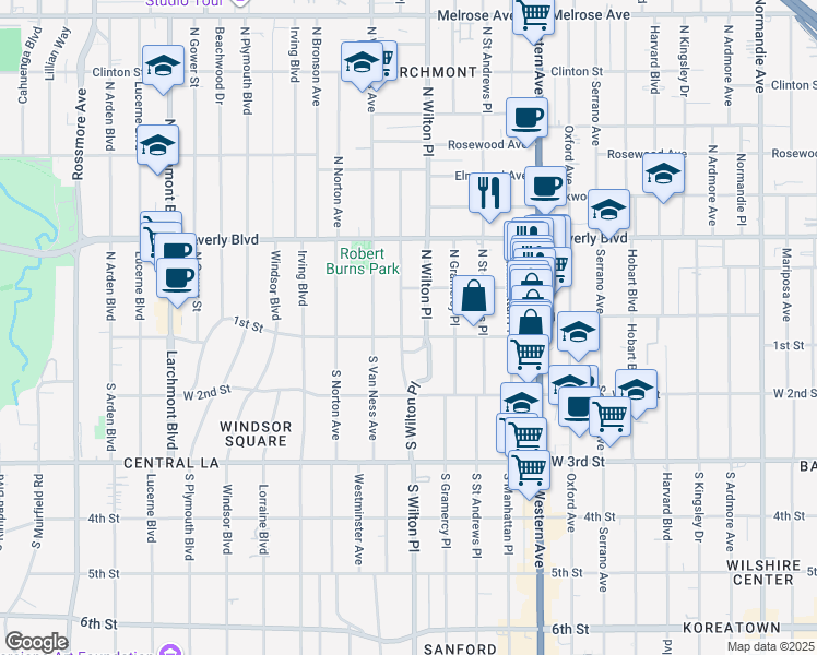 map of restaurants, bars, coffee shops, grocery stores, and more near 106 North Ridgewood Place in Los Angeles