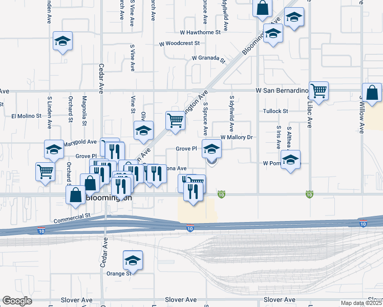 map of restaurants, bars, coffee shops, grocery stores, and more near 19064 Grove Place in Bloomington