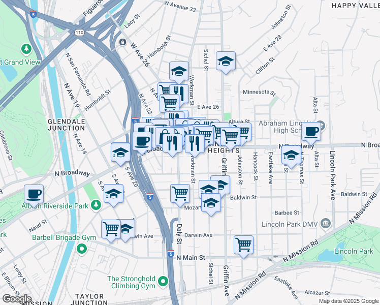 map of restaurants, bars, coffee shops, grocery stores, and more near 2619 North Broadway in Los Angeles