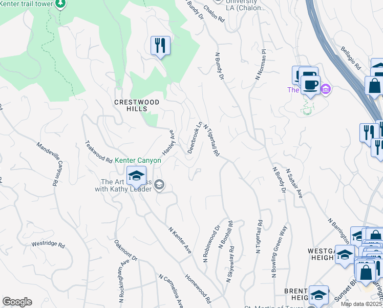 map of restaurants, bars, coffee shops, grocery stores, and more near 12400 Deerbrook Lane in Los Angeles