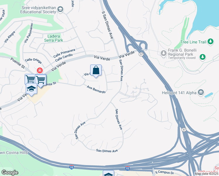 map of restaurants, bars, coffee shops, grocery stores, and more near 746 Avenue Bernardo in San Dimas