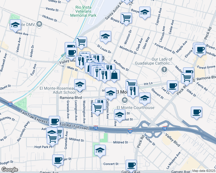 map of restaurants, bars, coffee shops, grocery stores, and more near 11013 Main Street in El Monte