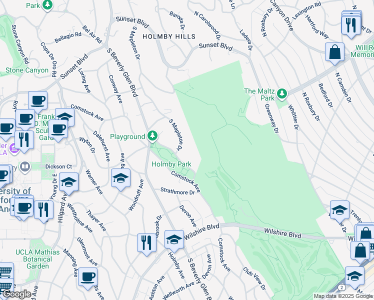 map of restaurants, bars, coffee shops, grocery stores, and more near 594 South Mapleton Drive in Los Angeles