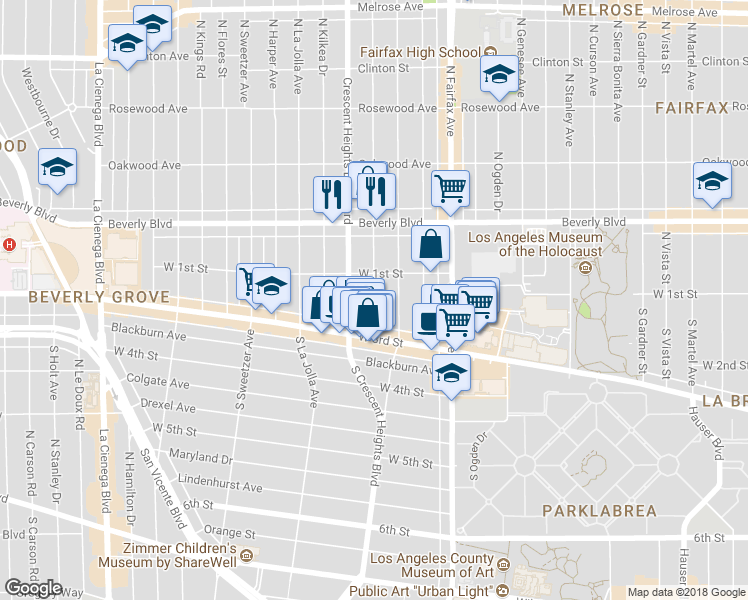 map of restaurants, bars, coffee shops, grocery stores, and more near South Laurel Avenue in Los Angeles