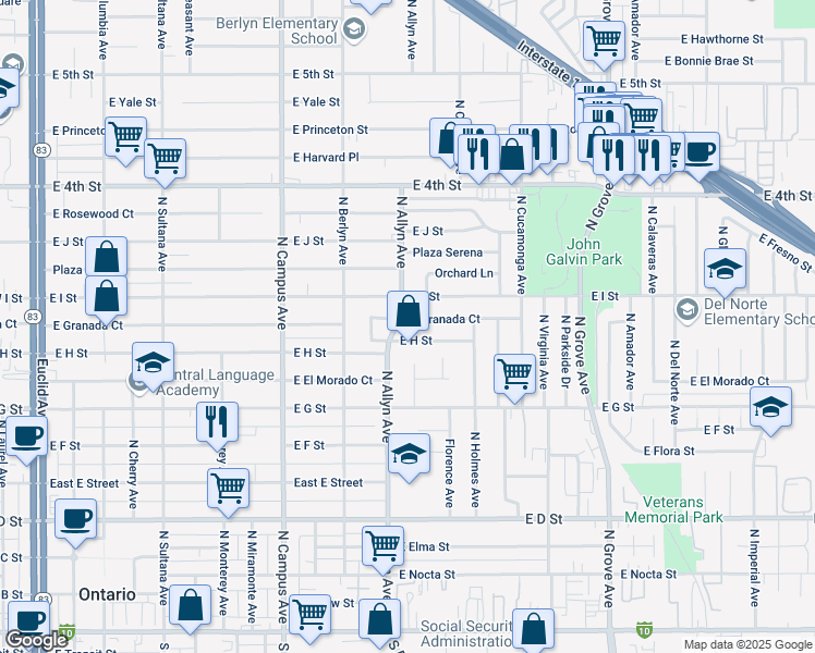 map of restaurants, bars, coffee shops, grocery stores, and more near 910 East Granada Court in Ontario