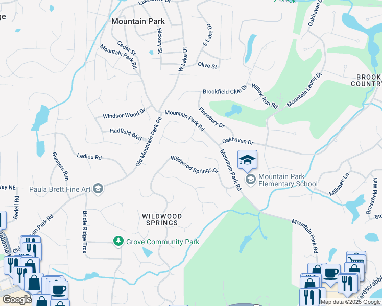 map of restaurants, bars, coffee shops, grocery stores, and more near 420 Windswept Court in Roswell