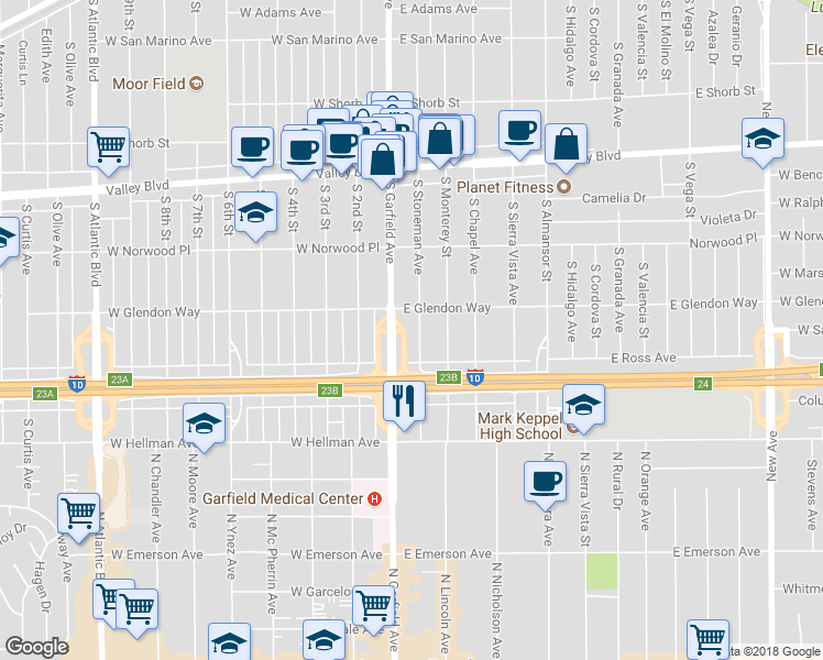 map of restaurants, bars, coffee shops, grocery stores, and more near 1817 South Stoneman Avenue in Alhambra