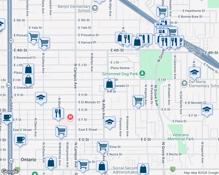 map of restaurants, bars, coffee shops, grocery stores, and more near 910 East Granada Court in Ontario