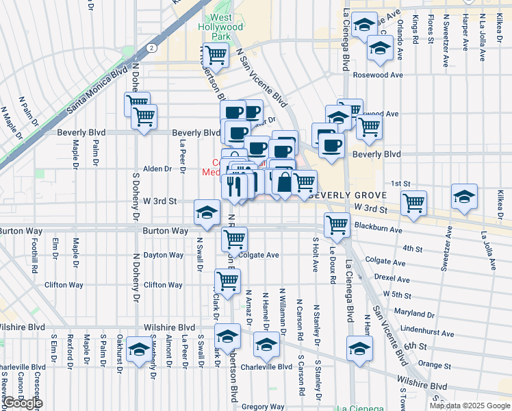 map of restaurants, bars, coffee shops, grocery stores, and more near 230 South George Burns Road in Los Angeles