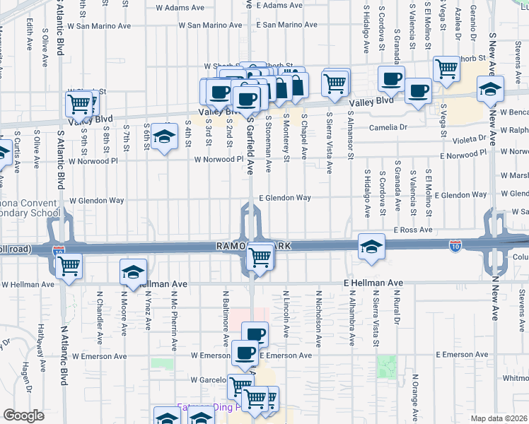 map of restaurants, bars, coffee shops, grocery stores, and more near 1817 South Stoneman Avenue in Alhambra