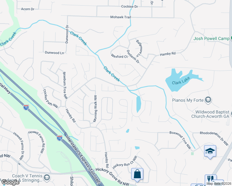 map of restaurants, bars, coffee shops, grocery stores, and more near 1825 Lightwood Lane Northwest in Acworth