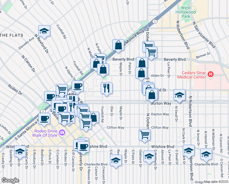 map of restaurants, bars, coffee shops, grocery stores, and more near 325 North Maple Drive in Beverly Hills