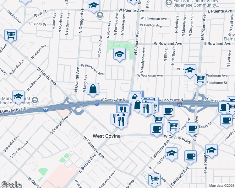 map of restaurants, bars, coffee shops, grocery stores, and more near 216 North Yaleton Avenue in West Covina