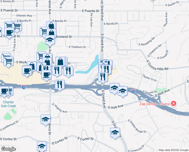 map of restaurants, bars, coffee shops, grocery stores, and more near 736 East Workman Street in Covina