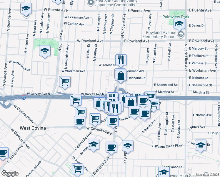 map of restaurants, bars, coffee shops, grocery stores, and more near 1001 West Garvey Avenue North in West Covina