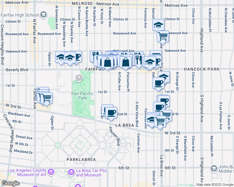 map of restaurants, bars, coffee shops, grocery stores, and more near 101 South Fuller Avenue in Los Angeles