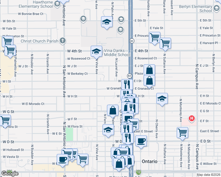map of restaurants, bars, coffee shops, grocery stores, and more near 309 West I Street in Ontario