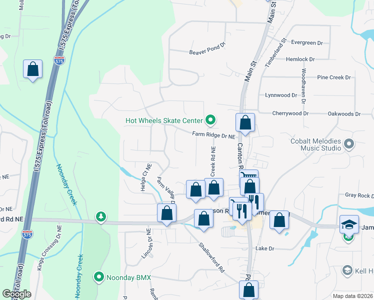 map of restaurants, bars, coffee shops, grocery stores, and more near 5108 Hill Farm Drive Northeast in Woodstock