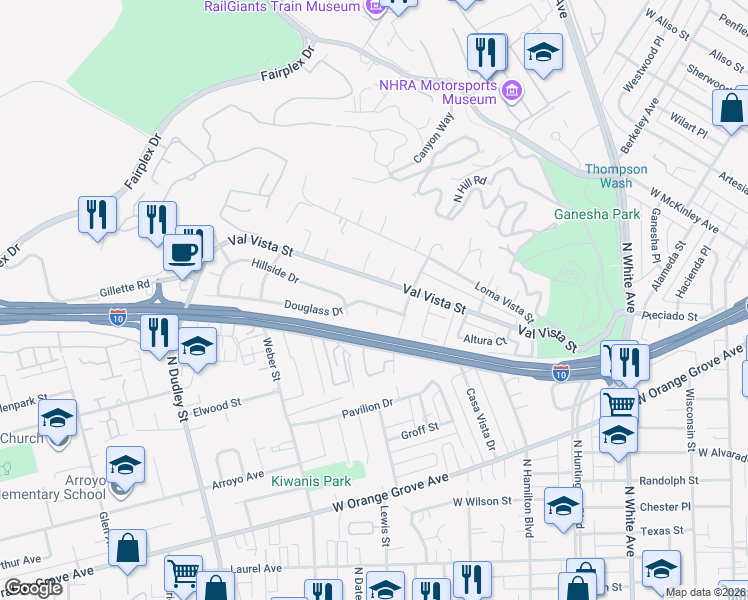 map of restaurants, bars, coffee shops, grocery stores, and more near 1081 Douglass Drive in Pomona