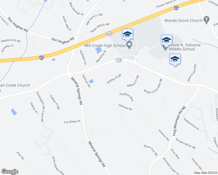 map of restaurants, bars, coffee shops, grocery stores, and more near 1940 Dartford Way in Hoschton