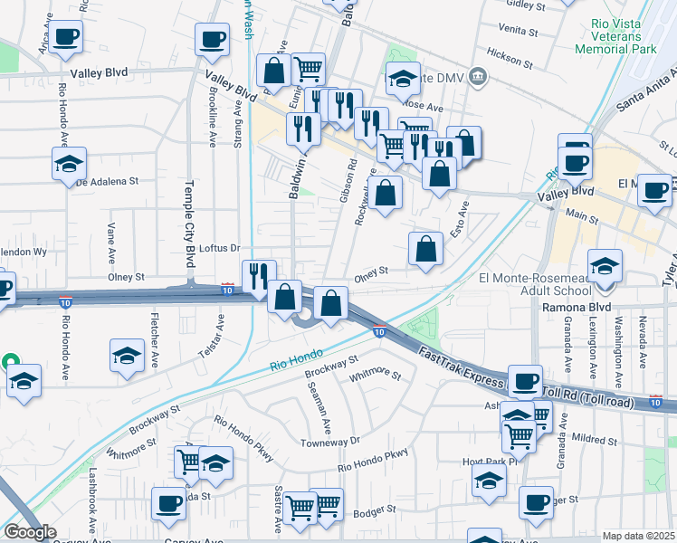 map of restaurants, bars, coffee shops, grocery stores, and more near 10115 Olney Street in El Monte
