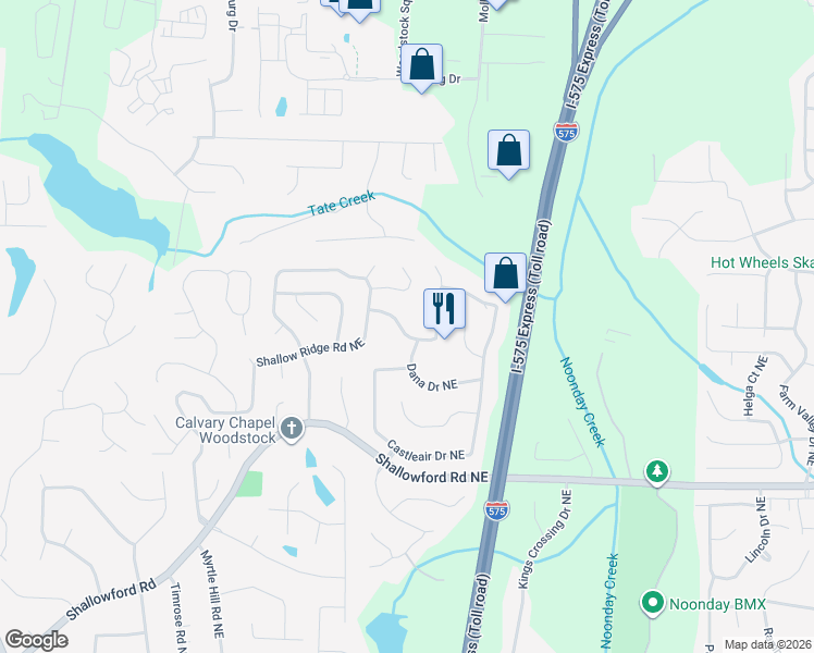 map of restaurants, bars, coffee shops, grocery stores, and more near 203 Shalloway Drive Northeast in Kennesaw