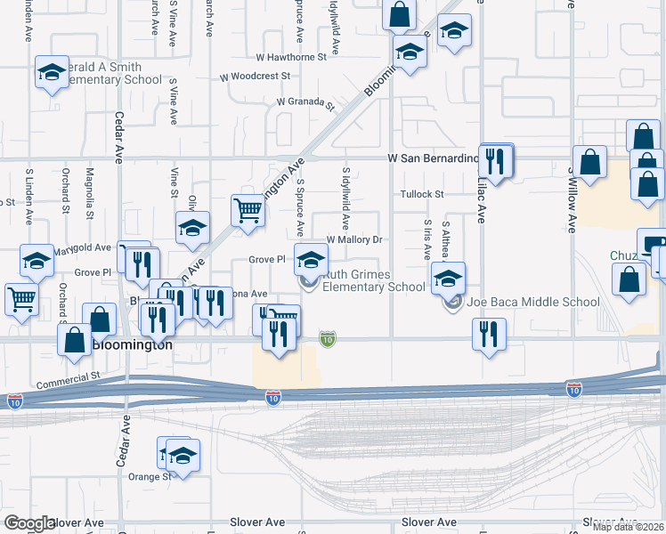 map of restaurants, bars, coffee shops, grocery stores, and more near 835 West Grovewood Street in Bloomington
