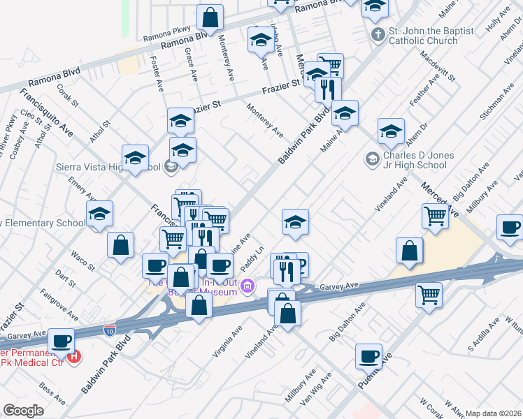 map of restaurants, bars, coffee shops, grocery stores, and more near 13734 Foster Avenue in Baldwin Park