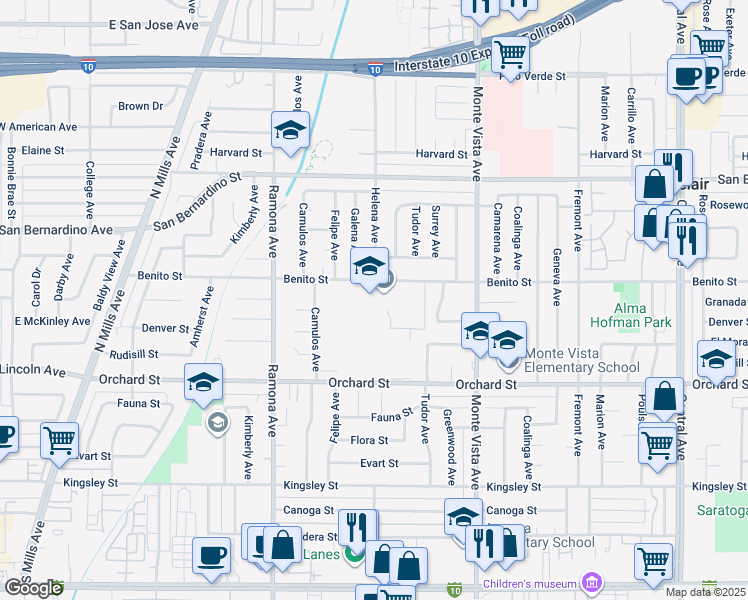 map of restaurants, bars, coffee shops, grocery stores, and more near 4725 Benito Street in Montclair