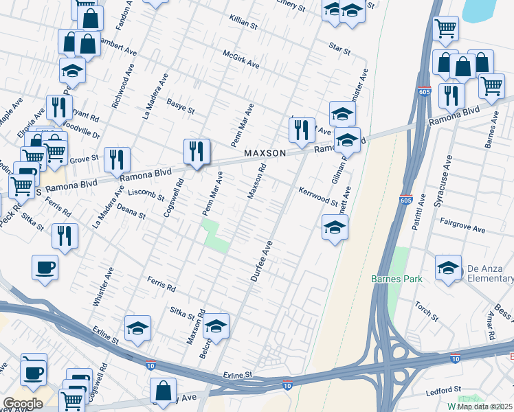 map of restaurants, bars, coffee shops, grocery stores, and more near 4028 Maxson Road in El Monte