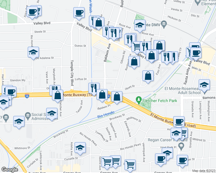 map of restaurants, bars, coffee shops, grocery stores, and more near in El Monte