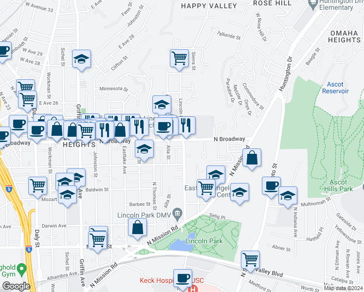 map of restaurants, bars, coffee shops, grocery stores, and more near 3526 North Broadway in Los Angeles