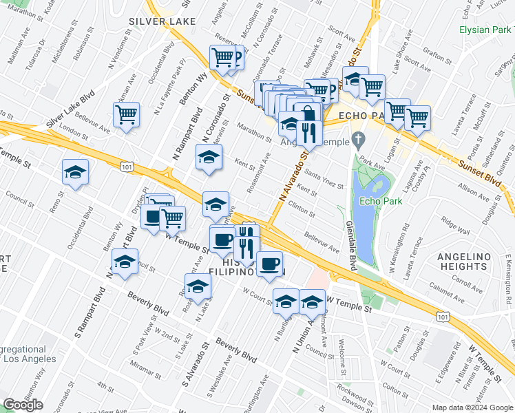 map of restaurants, bars, coffee shops, grocery stores, and more near 2146 Clinton Street in Los Angeles
