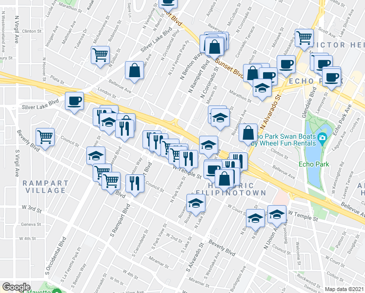 map of restaurants, bars, coffee shops, grocery stores, and more near 440 North Coronado Street in Los Angeles