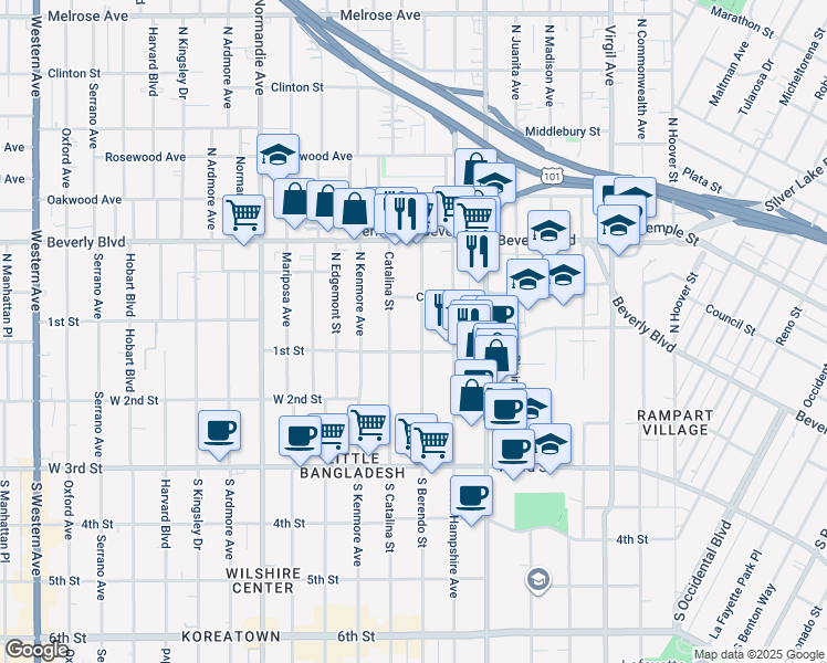 map of restaurants, bars, coffee shops, grocery stores, and more near 141 North Berendo Street in Los Angeles