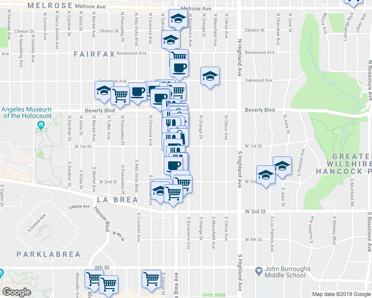 map of restaurants, bars, coffee shops, grocery stores, and more near 114 1/2 North Sycamore Avenue in Los Angeles
