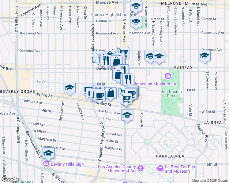 map of restaurants, bars, coffee shops, grocery stores, and more near 104 South Edinburgh Avenue in Los Angeles
