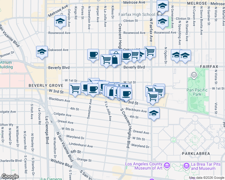 map of restaurants, bars, coffee shops, grocery stores, and more near 104 South Kilkea Drive in Los Angeles