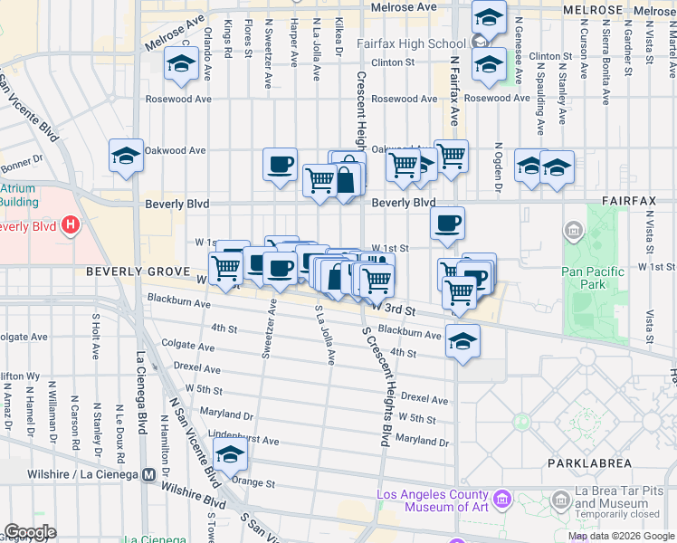 map of restaurants, bars, coffee shops, grocery stores, and more near 104 South Kilkea Drive in Los Angeles