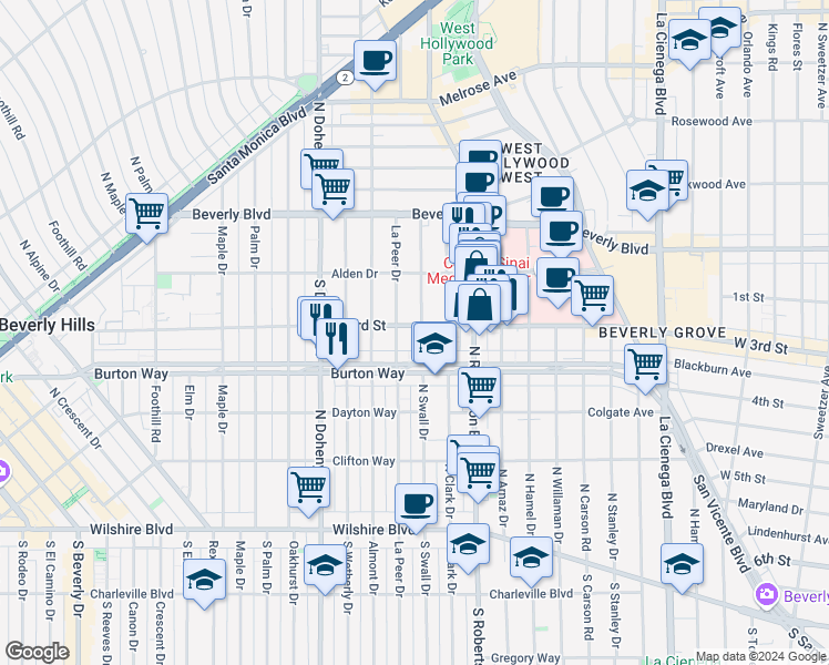 map of restaurants, bars, coffee shops, grocery stores, and more near 135 South Swall Drive in Los Angeles