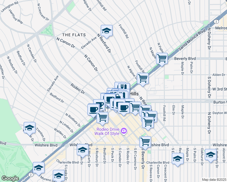 map of restaurants, bars, coffee shops, grocery stores, and more near 512 North Canon Drive in Beverly Hills