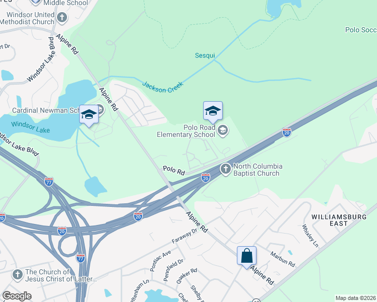 map of restaurants, bars, coffee shops, grocery stores, and more near 1270 Polo Road in Columbia